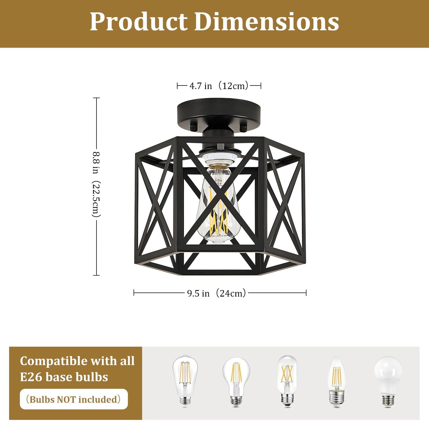 KUZIEG Modern Farmhouse Semi Flush Mount Ceiling Light,Industrial Black Ceiling Lighting Fixture,Hexagonal Close to Ceiling Lights for Kitchen, Hallway, Entryway, Bedroom,Foyer,Laundry Room,9.5 Inch