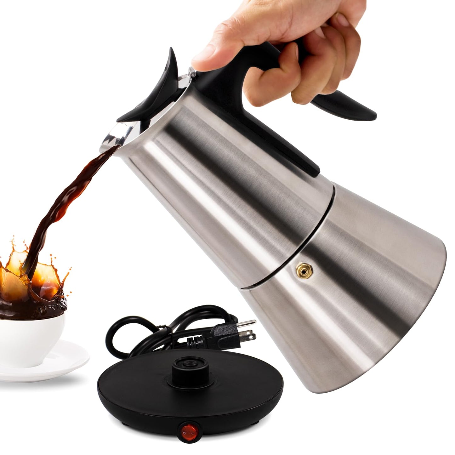 Vaolvpant Electric Stainless Steel Moka Pot 6 Cup 300ml Mocha Pot Espresso Maker with Detachable Base Ideal Coffee Maker for Home Italian and Cuban Café Coffeemaker Espressomaker Coffee Pot