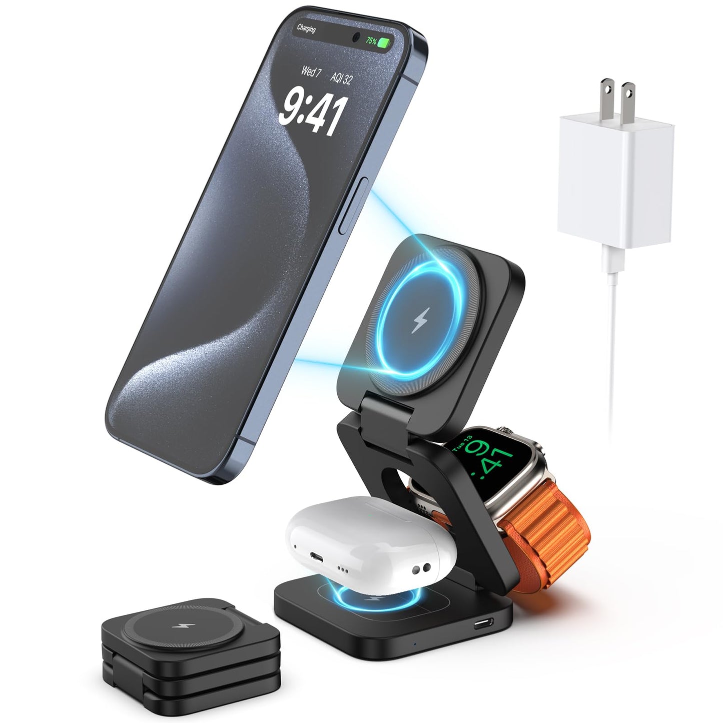 KU XIU X55 Foldable 3 in 1 Charging Station for Apple Devices, 15W Fast Magnetic Wireless Charger, Magent Travel Charger Stand for iPhone 16 15 14 13 12 Series, 5W for Apple Watch, AirPods-Black