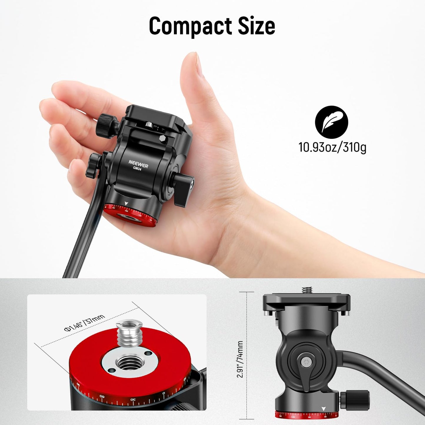 NEEWER Tripod Fluid Head Pan Tilt Head with Quick Release Plate and Handle, Metal Camera Tripod Head Compatible with Arca Swiss for Compact Video Cameras DSLR Cameras, Load up to 6.6lb/3kg, GM24