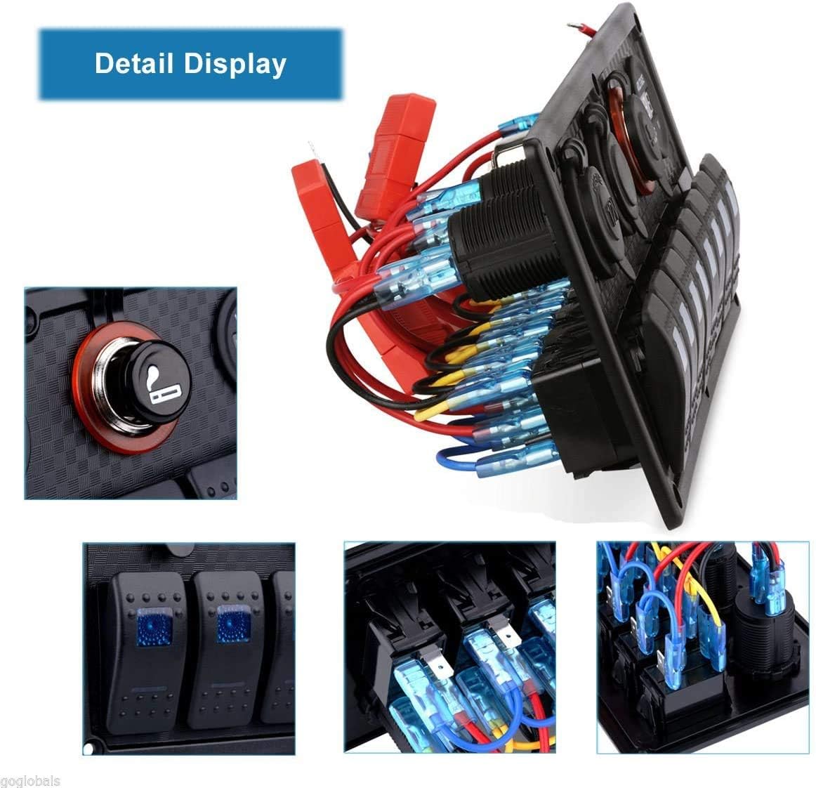 MKING Marine Switch Panel, 8 Gang Waterproof Rocker Switch Panel,Boat Rocker Switches Waterproof with Circuit Breaker USB&Typ-c Charger Digital Voltmeter Cigarette Socket 12V Blue LED Switch Panel