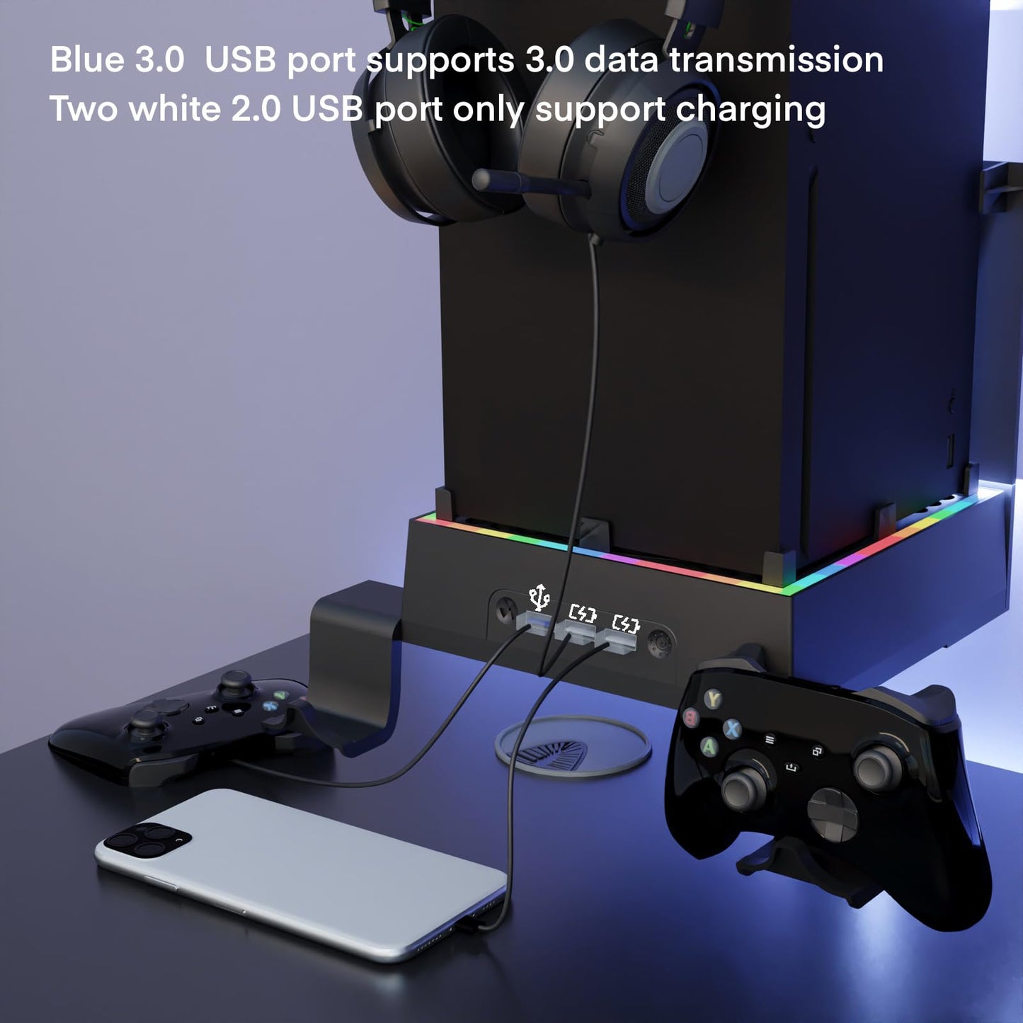JDGPOKOO Wall Mount with Cooling Fan for Xbox Series X, 4 in 1 Wall Mount Kit for Xbox Series X, 3 Speed Low Noise Fan with RGB Light Strip & Touch Switch, 3 USB Port Controller & Headphone Holder