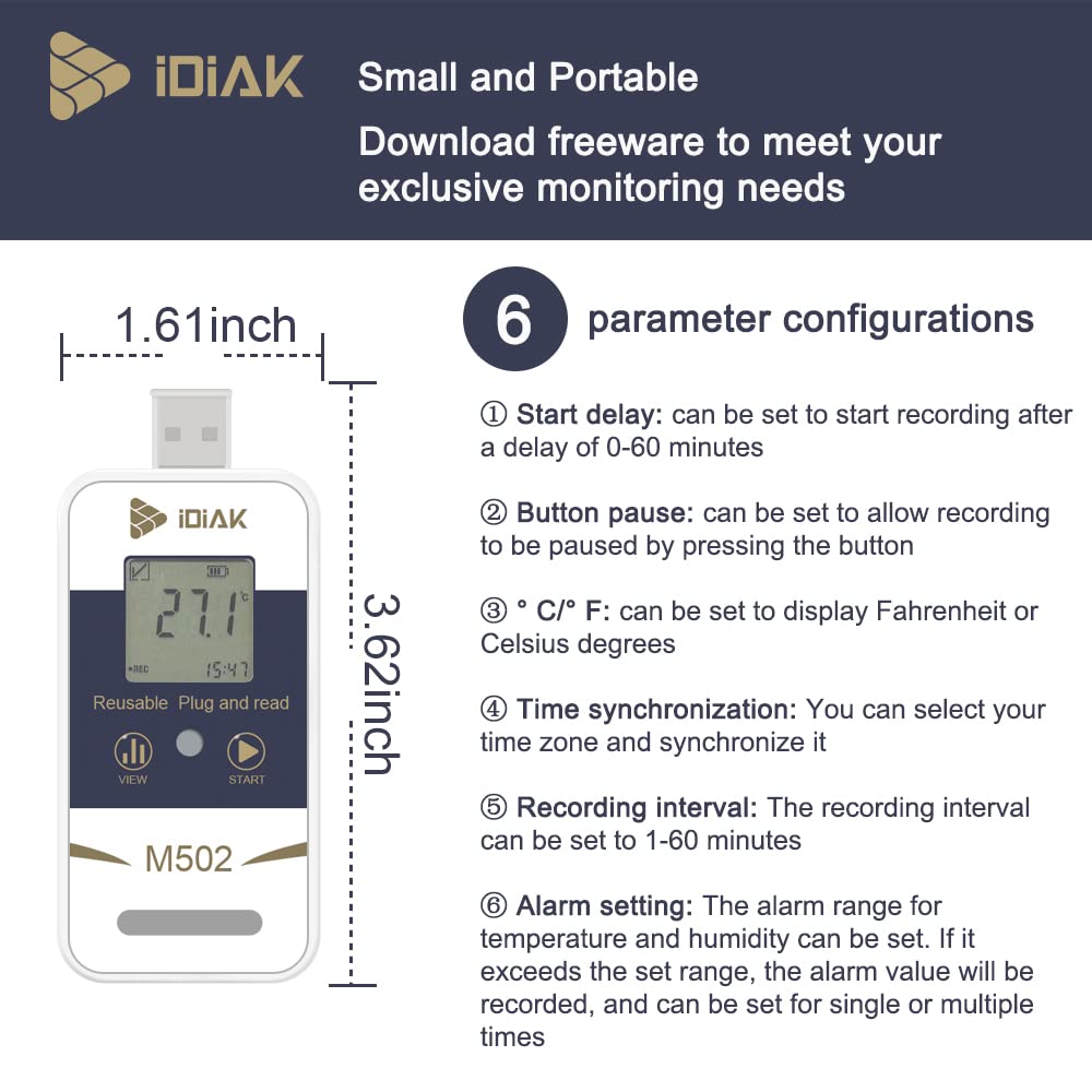 iDiAK M502 Temperature Data Logger USB Temp/Humidity Recorder with PDF and Excel (Reusable) Refrigerator Thermometer 14400 Points High Accuracy (no delay - 5 Pack)