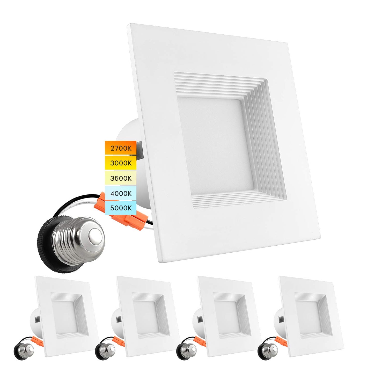 LUXRITE 4 Inch Square Recessed LED Can Lights, Color Temperature Selectable 2700K | 3000K | 3500K | 4000K | 5000K, Dimmable Recessed Lights, 750 Lumens, Energy Star, Wet Rated, Baffle Trim (4 Pack)
