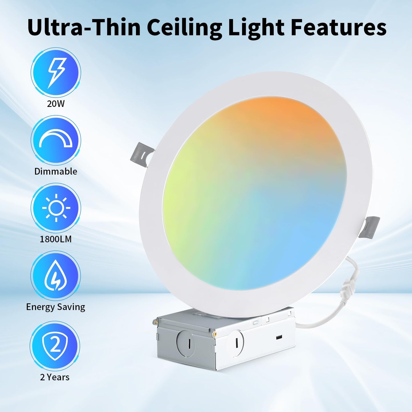 24 Packs 8 Inch Recessed LED Light: Ultra Thin LED Recessed Lighting with Junction Box, 3000K/4500K/6000K Selectable,Ceiling Light, High Brightness 1800LM Dimmable Canless LED Downlight