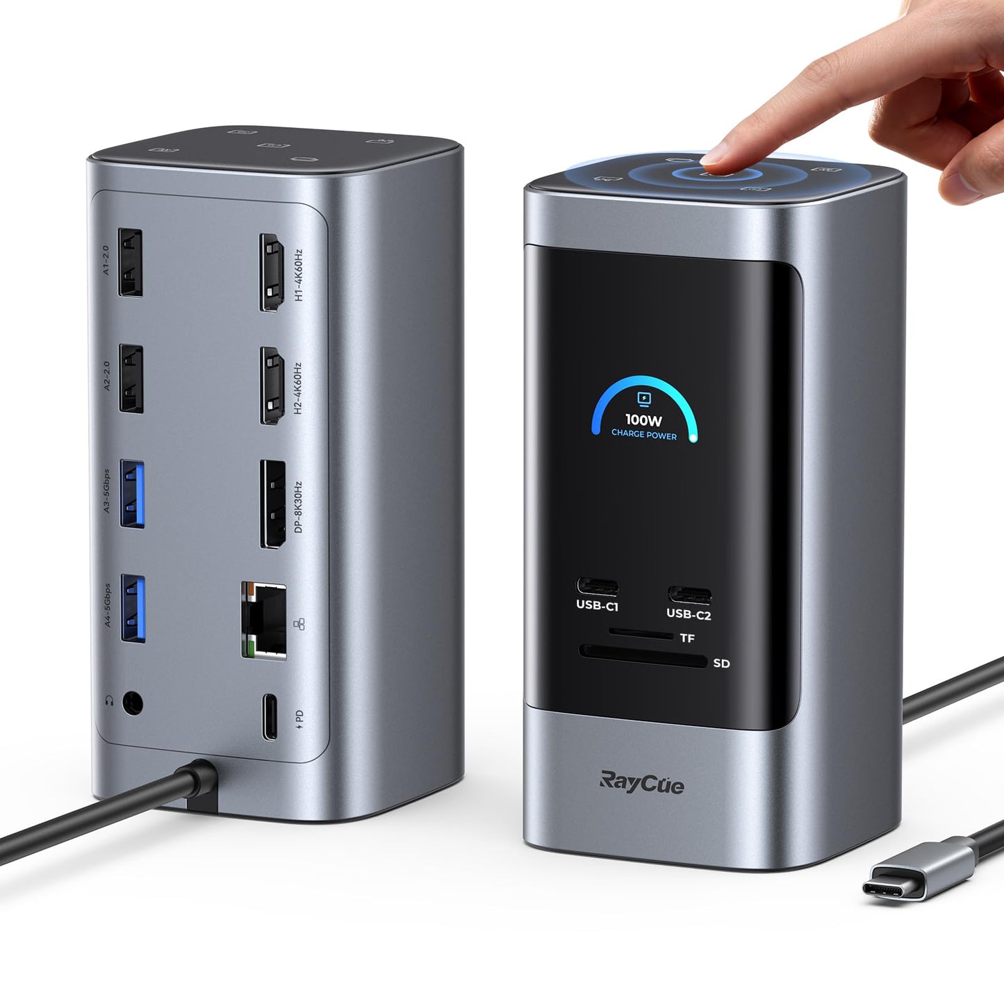 RayCue 15 in 1 Laptop Docking Station 3 Monitors, Triple 8K Display with 3 HDMI, 6 USB Ports, 5 Shortcut Button, Gigabit Ethernet, PD3.0, Smart Display for Windows/Dell/Lenovo/HP/Thinkpad Laptops