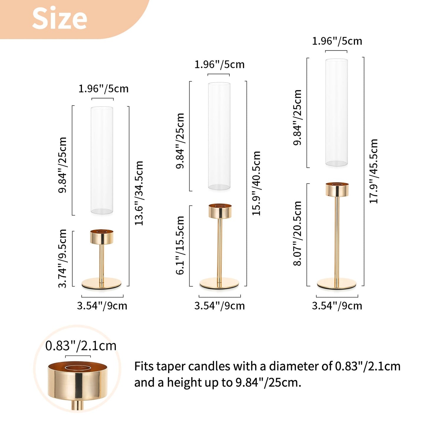 NUPTIO Hurricane Candle Holder for Candlestick: 6 Pcs Gold Taper Candlestick Holders - Tall Modern Candles Stick Decor with Cylinder Shape Cover for Dinner Table Centerpiece