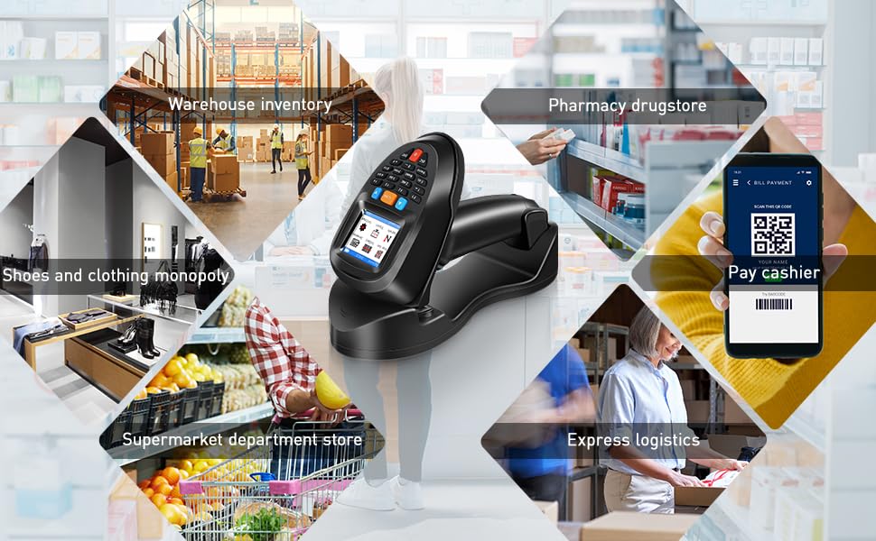 1D 2D Barcode Scanner Wireless, JRHC Portable Inventory Scanner & Data Collector Data Terminal PDT Inventory Device with Long Transmission Distance 2.4G Wireless Bar Code Reader with 2.2" LCD Screen