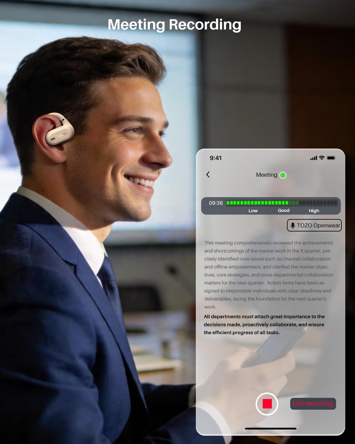 TOZO OpenWear Open Ear Earbuds, AI Translation Earbuds Real Time 145+ Languages, 60H Translator Ear Buds Audifonos Traductores Inglés Español, Bluetooth Headphones 5.4 with Smart Display for Office