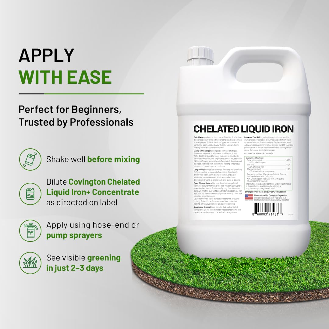Covington Chelated Liquid Iron +Plus Concentrate (1 Gal) – Lawn & Garden Liquid Iron & Nitrogen Supplement for Plants, Shrubs & Trees, Treats Deficiency, Discoloration, Stunted Growth & Root Stress