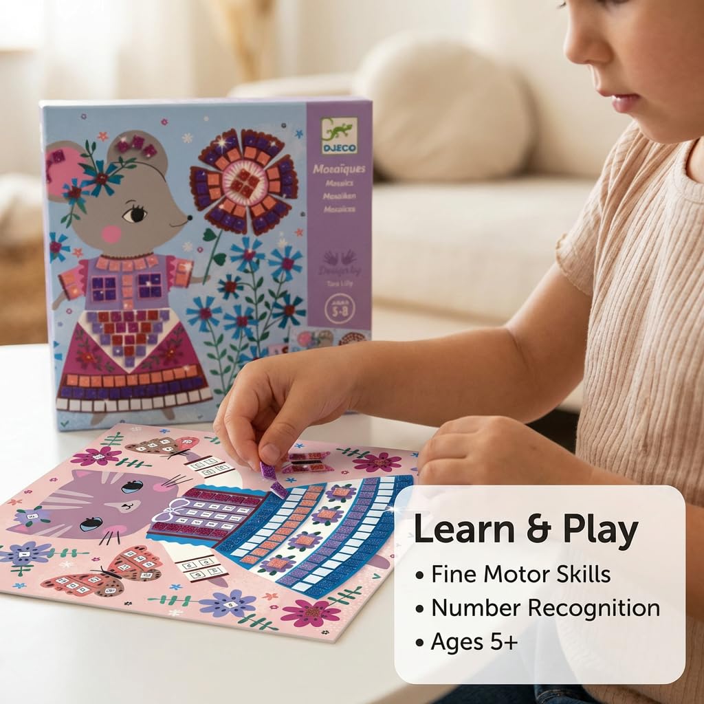 DJECO Lovely Pets Sticker Mosaic Craft Kit - Create Your Own Sparkling Pets for School or Gifts - Fun & Creative for Family & Friends, Boys & Girls, Educational Mosaic Art Craft Kit for Kids 5+