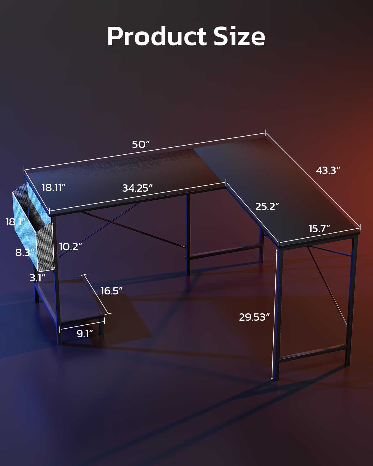L Shaped Desk - 50" Reversible Home Office Computer Desk, Wood Top, Metal Frame, Side Bag, Sturdy Gaming Desk Corner Table for Work, Writing and Study, Space-Saving
