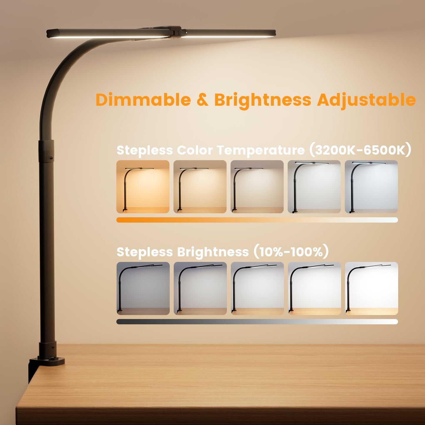 APMIEK LED Desk Lamp for Home Office, 24W Computer Desk Light with Remote Control, Bright Table Lamp with Clamp Dimmable Tall Desktop Lighting with Bendable Gooseneck, Double Head, Black