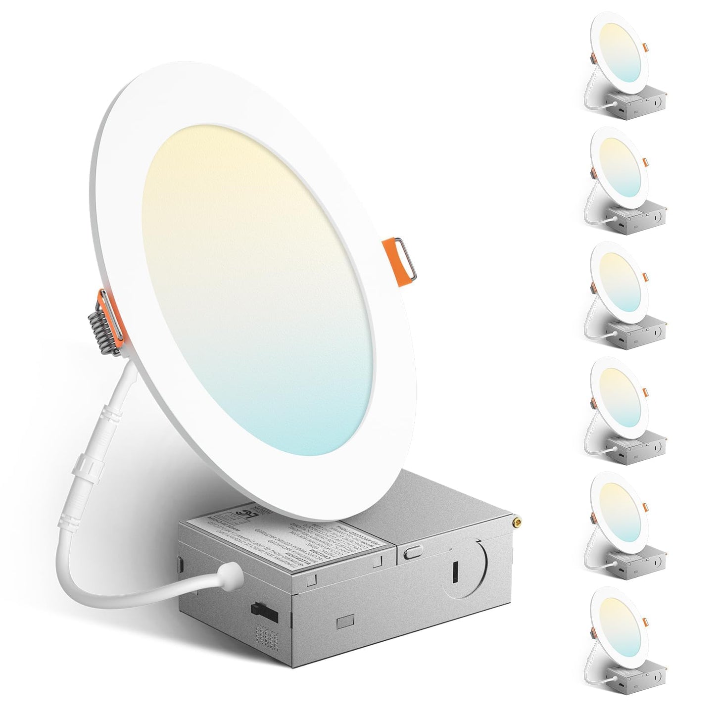 Amico 6 Pack 6 Inch 5CCT Ultra-Thin LED Recessed Ceiling Light with Metal Junction Box, 2700K-5000K Selectable, 12W Eqv 110W, Dimmable Canless Wafer Downlight with Plastic Trim, 1050 Lumens -ETL&FCC