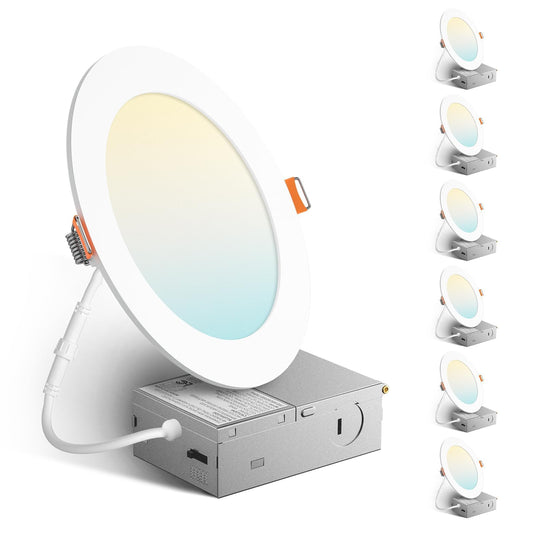 Amico 6 Pack 6 Inch 5CCT Ultra-Thin LED Recessed Ceiling Light with Metal Junction Box, 2700K-5000K Selectable, 12W Eqv 110W, Dimmable Canless Wafer Downlight with Plastic Trim, 1050 Lumens -ETL&FCC