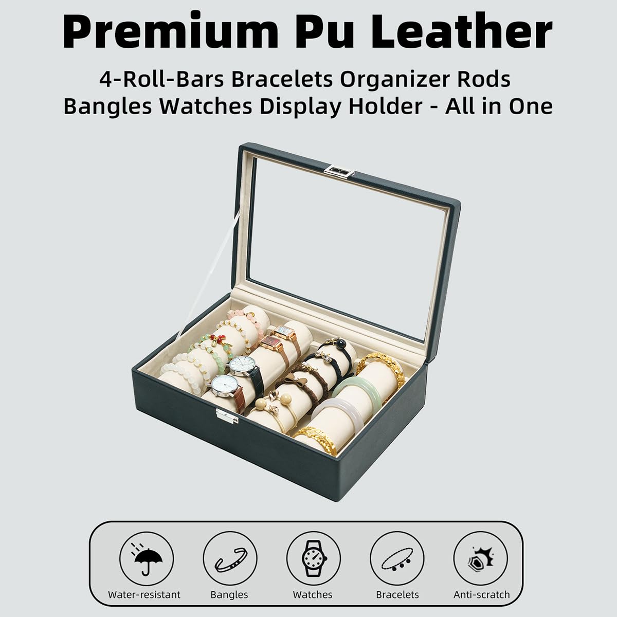 XHMQYC Bracelets Organizer Rods Bangles Display Holder, Clear See through Lid Leather Velvet Jewelry Storage Box Case for Women, 4 Rods Black Leather