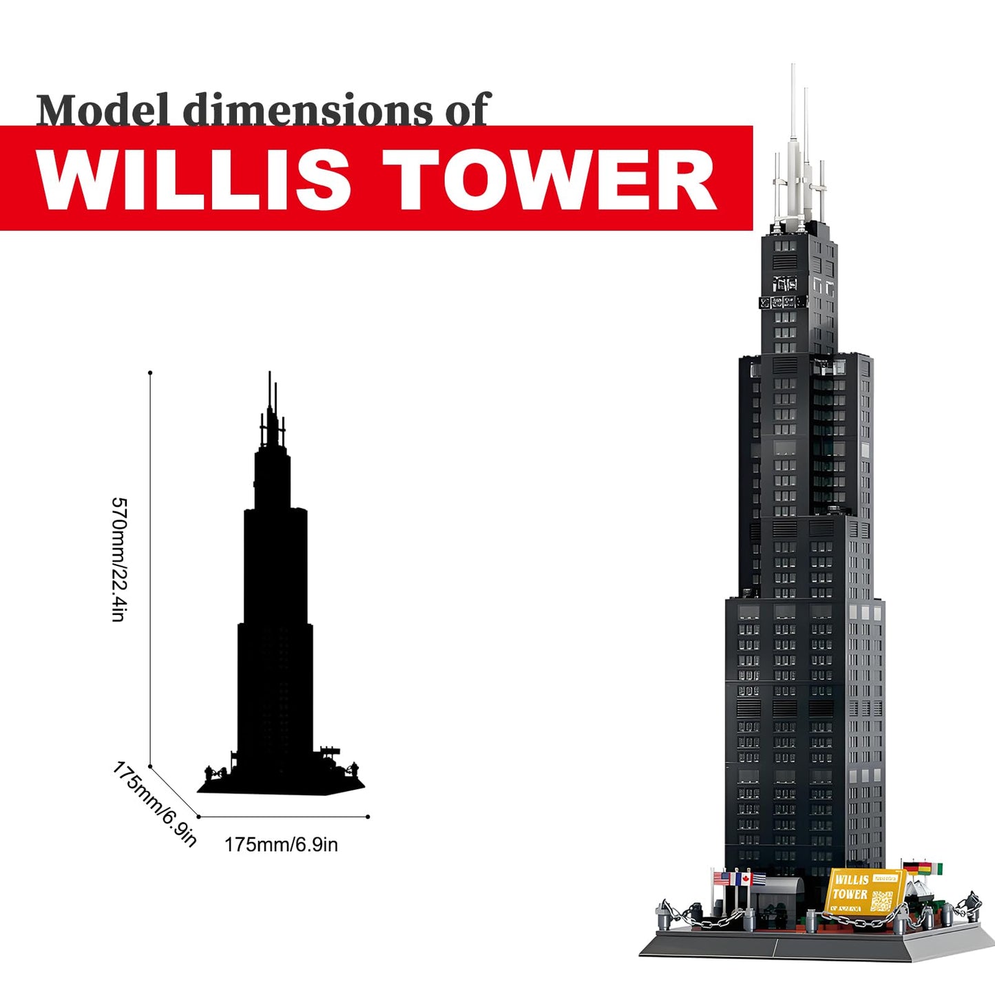 LQPFBSM Willis Tower Chicago Architecture Model Building Block Sets,World Famous Landmark Series Toys Gitf for Kids Adults 1241 Pieces