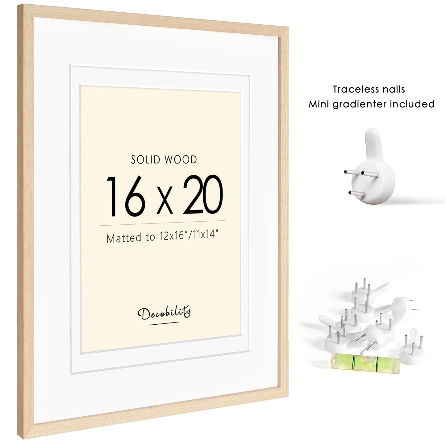 Decobility 16x20 Picture Frames Matted for 11x14 and 12x16 Picture, Solid Wood with Oak Wood Grain, Double Mats Photo Frame with Plexiglass Fits 3 sizes, Tabletop or Wall Mounting Display, Oak