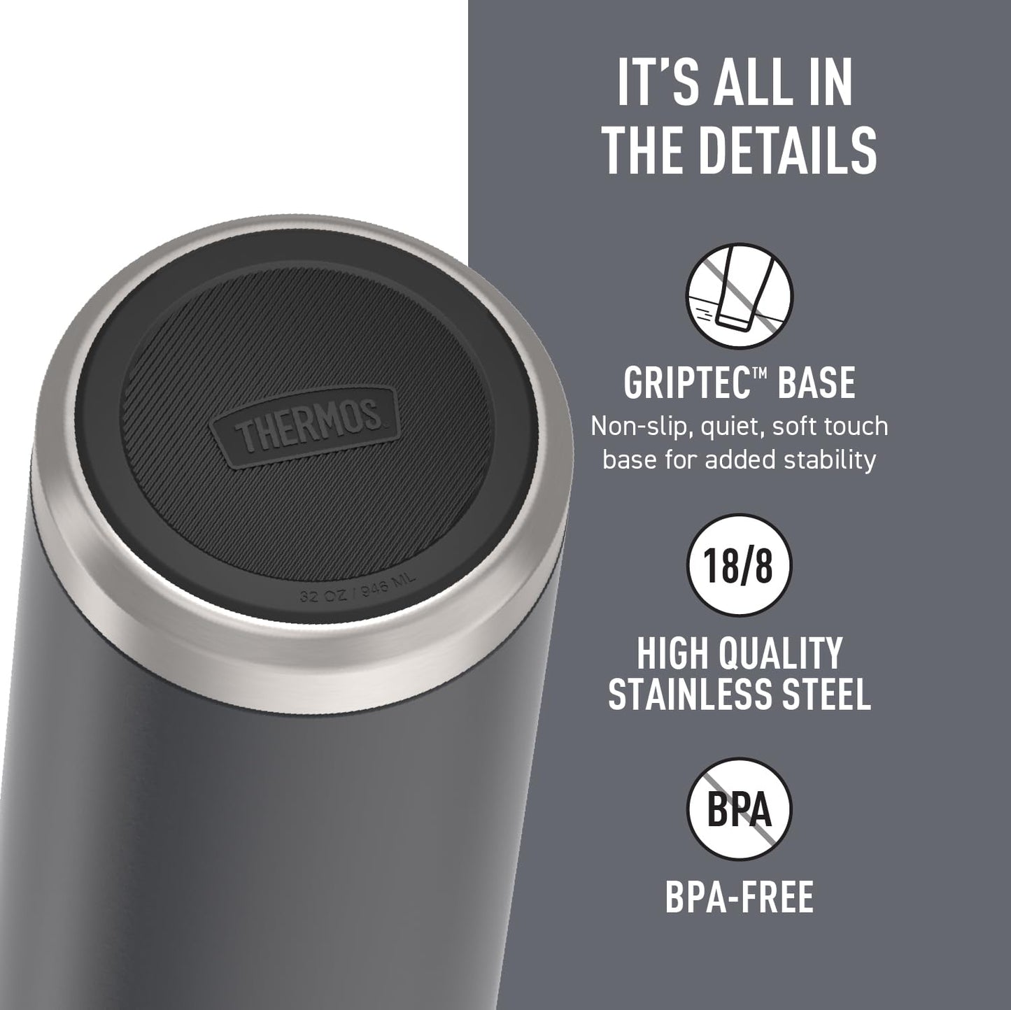 THERMOS ICON SERIES Stainless Steel Water Bottle with Screw Top Lid - 32 Ounce, Matte Stainless Steel - Vacuum Insulated Water Bottle with Lid
