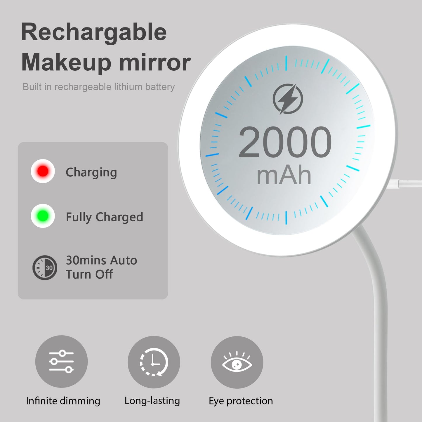 yngtoue 6.5" Clip on Vanity Makeup Mirror with Light, gooseneck Travel 5X Magnifying Mirror,USB Recharge (White 5X)