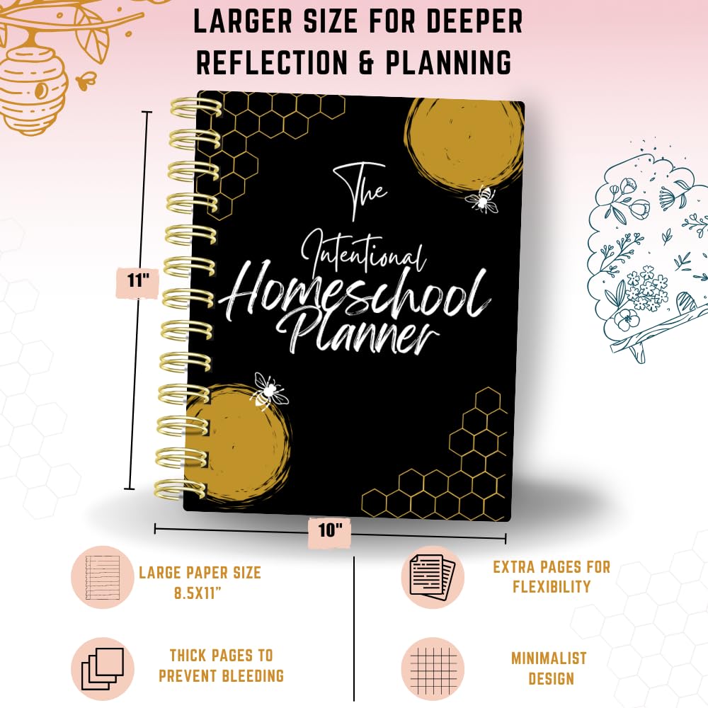 Homeschool Planner Undated for Moms - 180 Daily Pages + 12 Monthly Calendars | 8.5x11 Gold Spiral Bound | Attendance, Reading Log, Grade Tracker