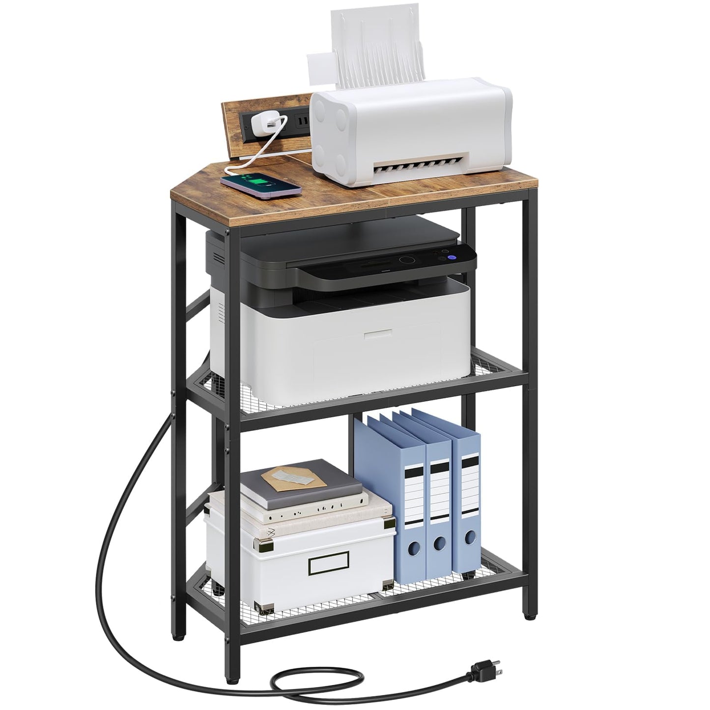 MAHANCRIS Corner Printer Stand with Charging Station, 3-Tier Large Printer Table with Adjustable Feet, Metal Frame Storage Shelf for Office, Living Room, Small Space, Rustic Brown PTHR14E01