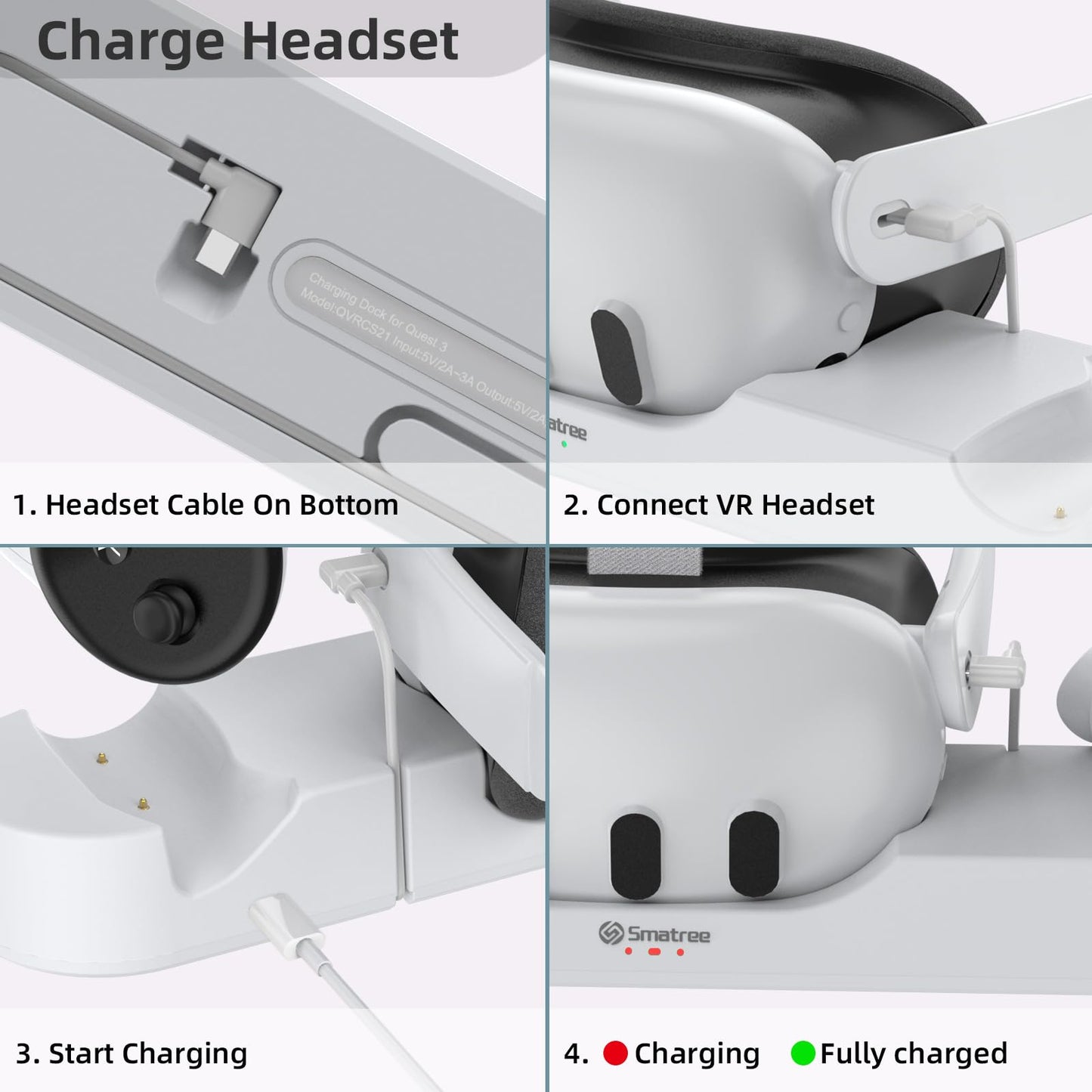 Smatree Charging Dock Compatible for Meta Quest 3S/Quest 3,Charge Controllers and Headset Simultaneously, VR Charging Station with LED Light, with 2 Rechargeable Controller Batteries(NO Adapter)
