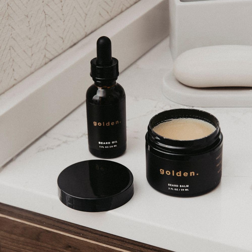 Golden Grooming Beard Oil & Balm Bundle for Men | Natural Growth Kit with Shea Butter | 2-Set Regular | Fresh Scent