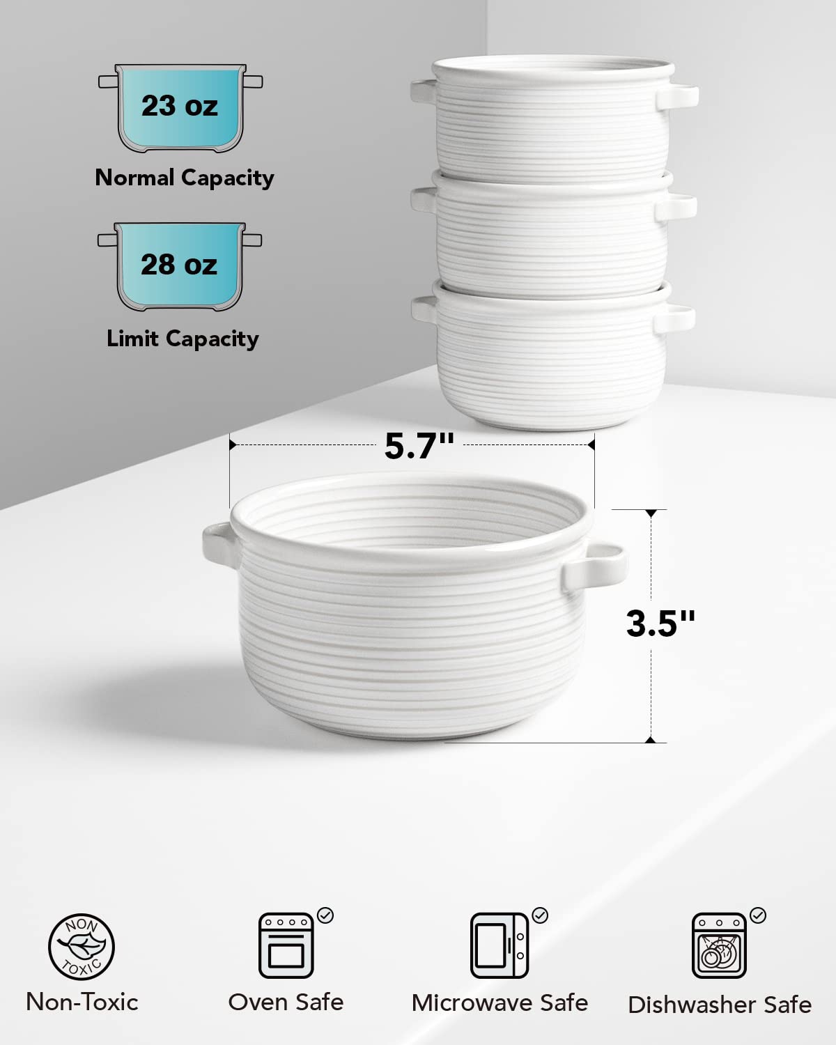LE TAUCI Soup Bowls with Handles - 28 oz Lead-Free Ceramic French Onion Crocks, Oven and Microwave Safe, Heat-Resistant Design, Stackable, Dishwasher Safe, Set of 4, White