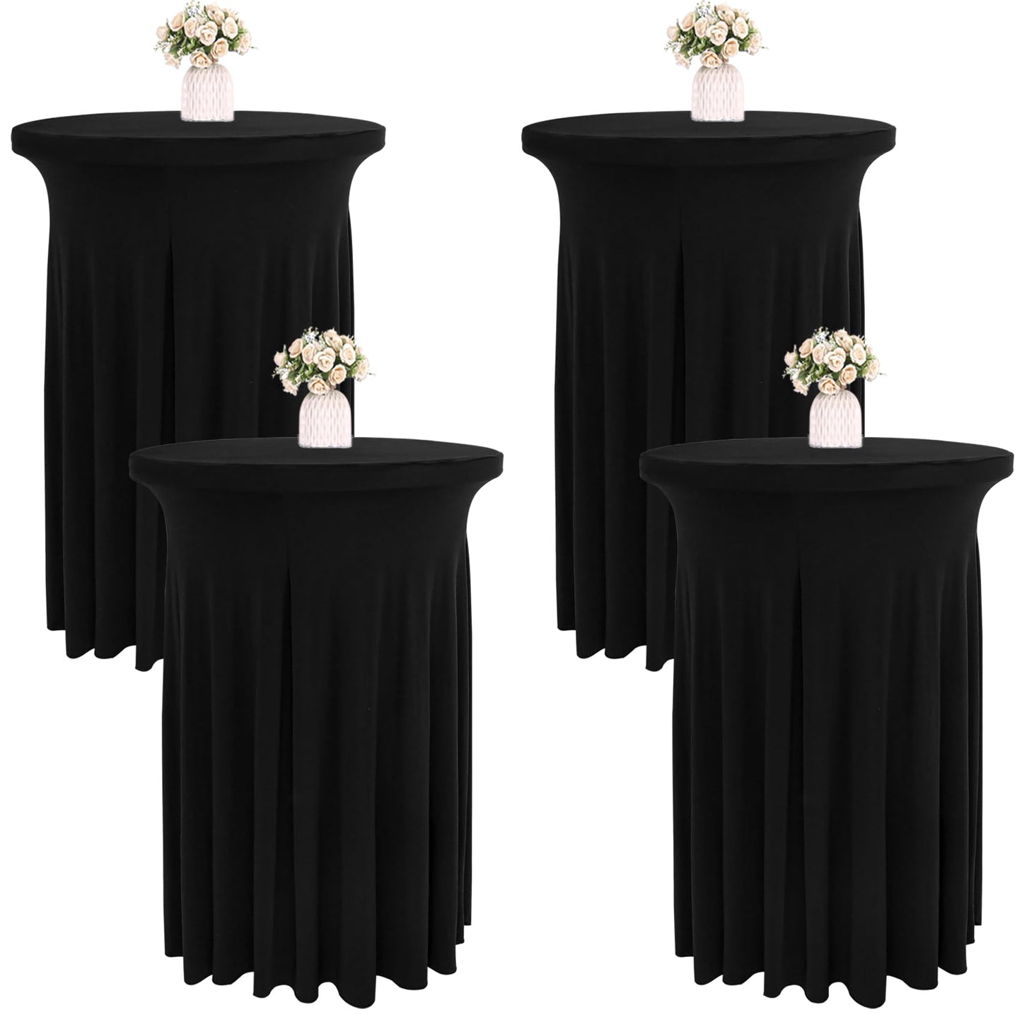 JALANCY 4 Packs 32 x 43 Inch Spandex Round Cocktail Table Skirts with Wavy Drapes Stretch Cocktail Tablecloth Fitted High Top Tables for Wedding Bar Party Banquet (Black)