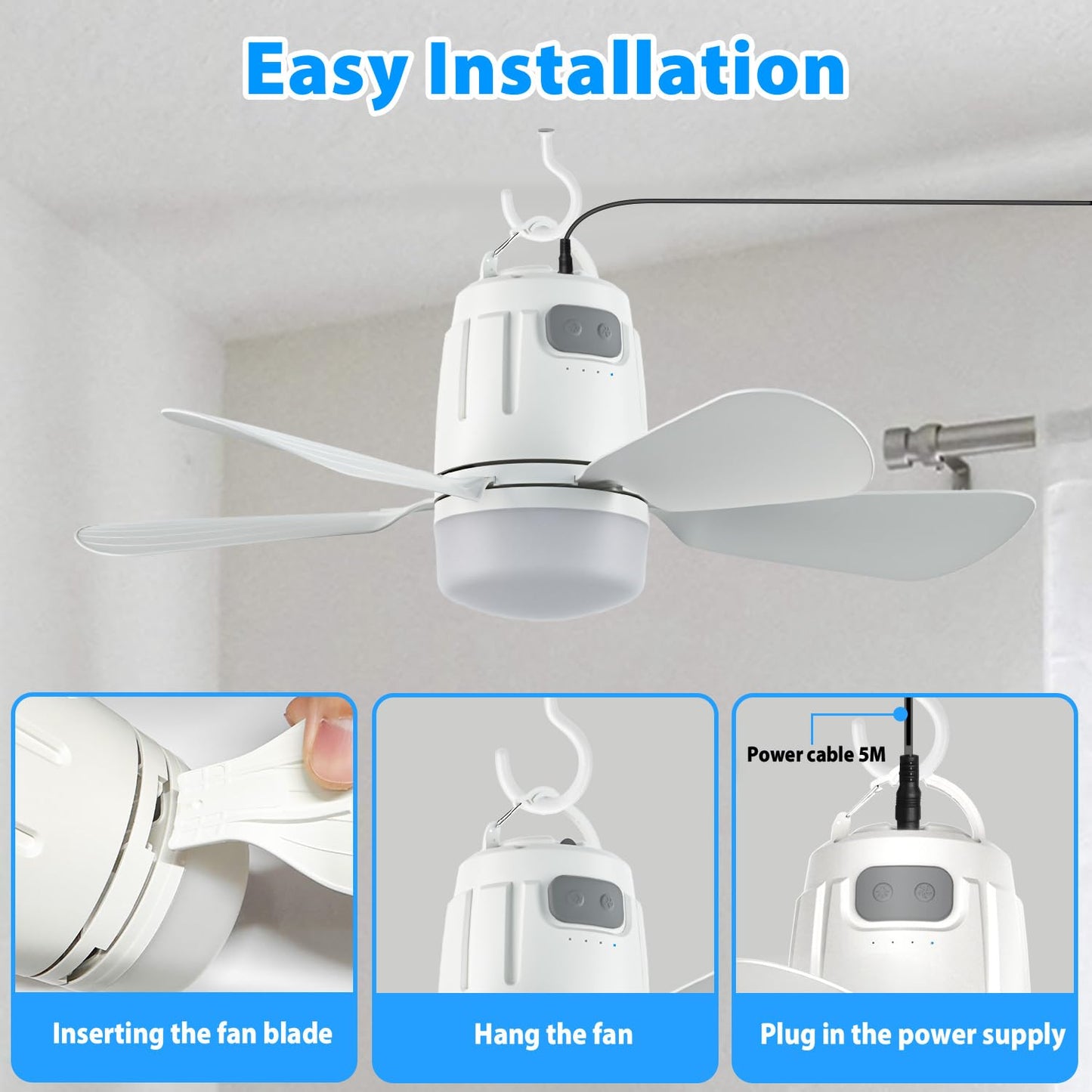 Gliztech Gazebo Fan Outdoor Hanging with Light, Patio Plug in Ceiling Fan with 16.5ft Cord, Remote & Hook, Portable for Outside Canopy, Pop up Tent, Pergola (20'')