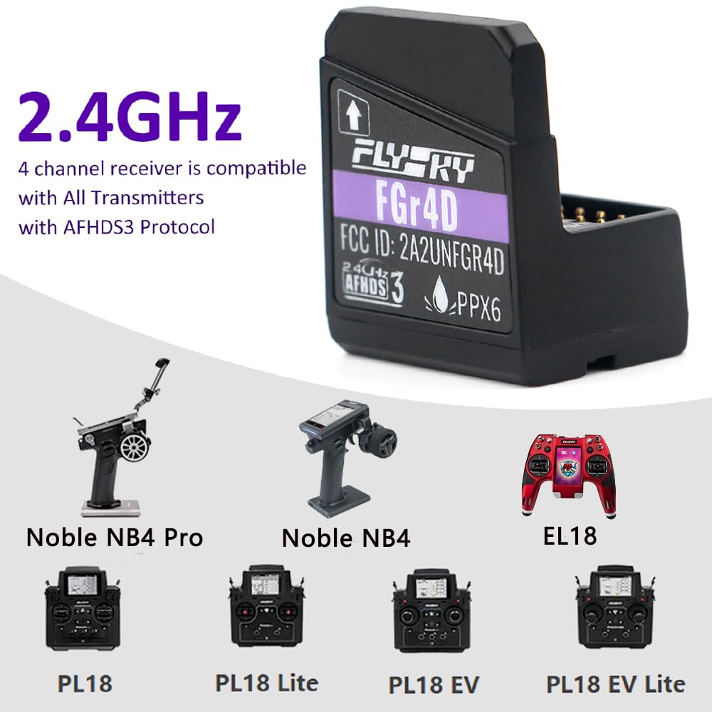 GoolRC Flysky FGr4D Receiver, 2.4GHz 4 Channels AFHDS 3 Receiver Built-in Dual Antenna PWM/PPM/i-BUS2/S.Bus/i-Bus Output Compatible with Flysky Noble NB4 PL18 EL18 RC Transmitter for RC Car Boat