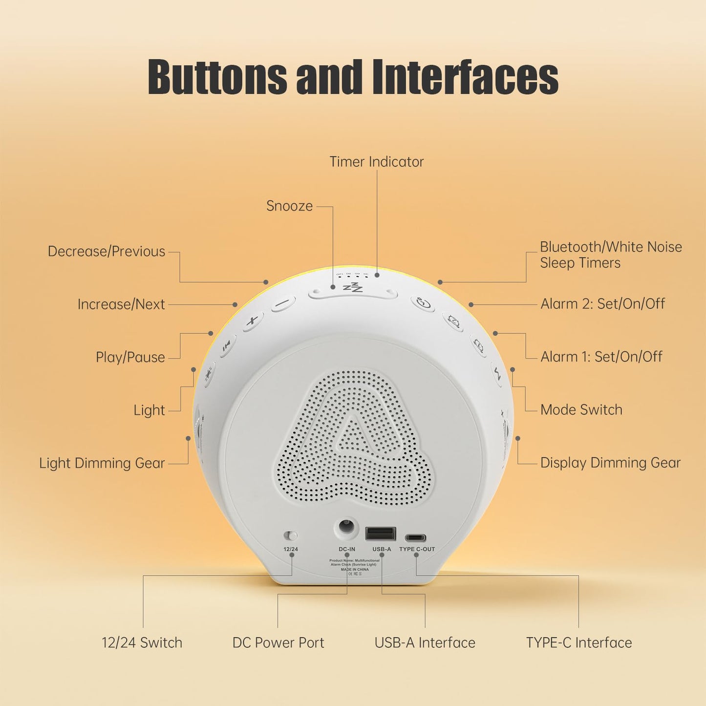 Alarm Clock Sound Machine Sleeping, Sunrise Digital Alarm Clocks Bedrooms, Loud Bluetooth Speaker Alarms Clock 23 White Noise Dual Alarms Snooze 12/24H Night Lights Timer USB Charging Dimmer, White