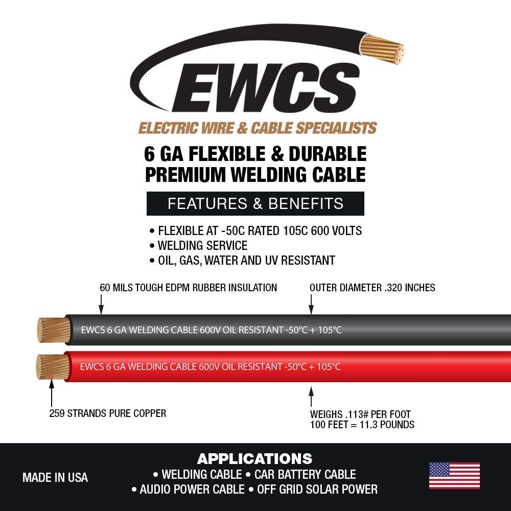 EWCS 6 Gauge Premium Extra Flexible Welding Cable 600 Volt Combo Pack - Black+Red 25 Feet of Each - Made in The USA