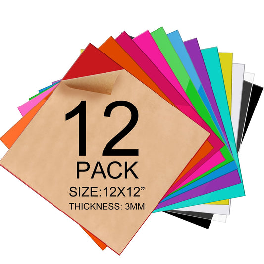 12Pack 1/8 Thick 12 X 12 Inch 3mmcolored Acrylic Sheets for Laser Cutting, Engraving, Badges, Uv Printed Signs, Home Decor, Crafts, and Creative DIY Projects with Acrylic Protective Paper