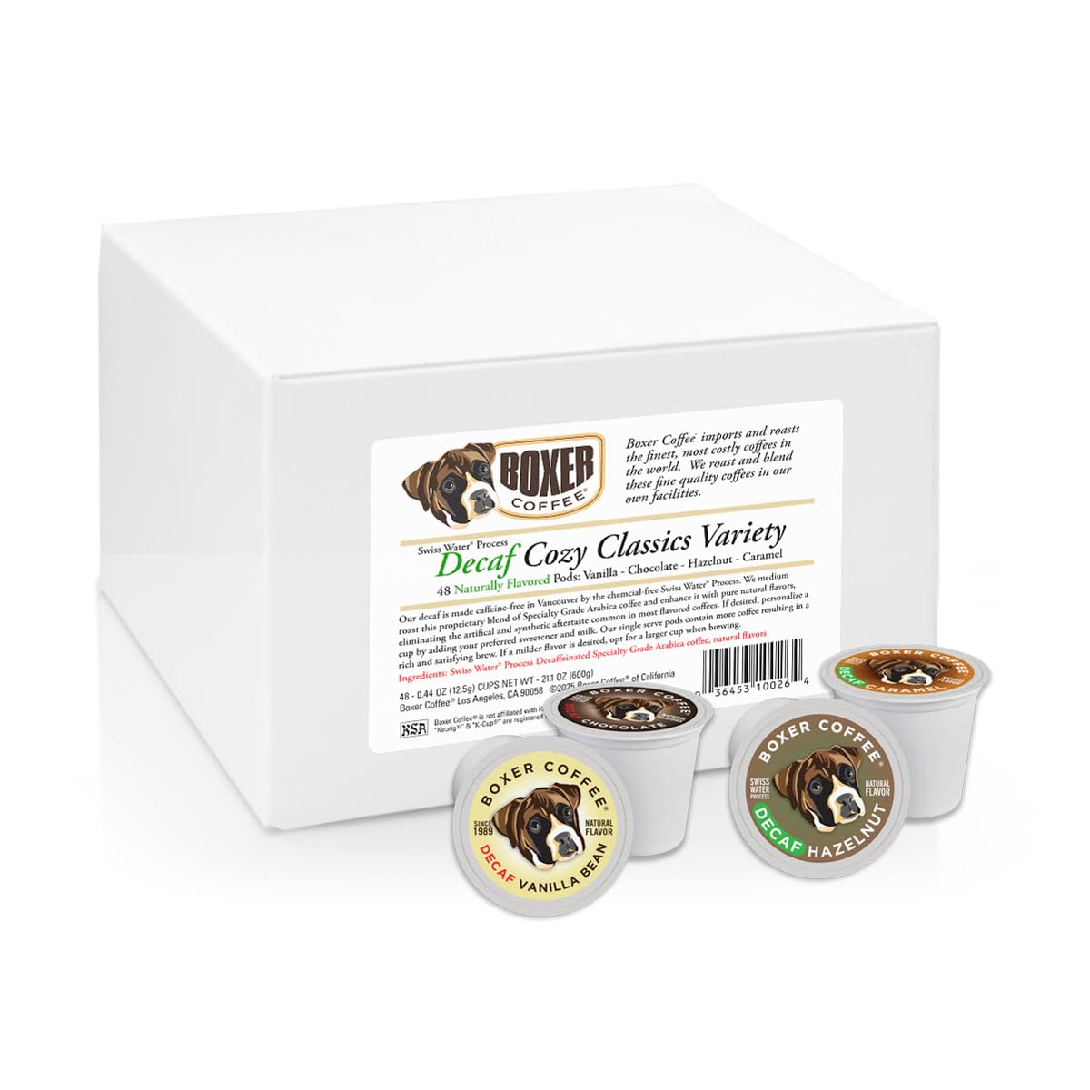 Boxer Coffee Swiss Water Decaf Cozy Classics Variety Naturally Flavored Pods compatible with Keurig K-Cup, 48 count - Vanilla, Chocolate, Hazelnut, Caramel