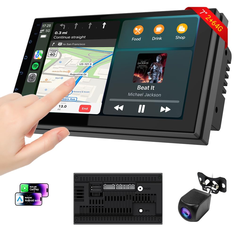 Haudio Car Accessories 7" HD Double Din Car Stereo with Carplay & Android Auto, 2+64G CarAudio Receivers Featuring Voice Control, Backup Camera,Bluetooth, GPS Navigation, Built-in 14Band DSP EQ