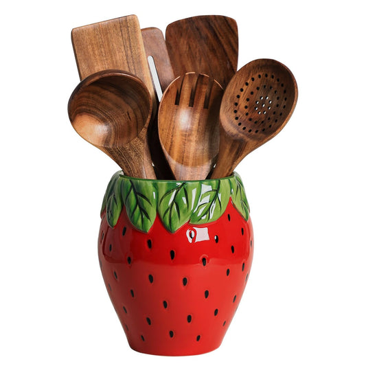 Bicuzat Strawberry Shaped Ceramic Kitchen Utensil Holder, Large Cooking Utensil Crocks for Kitchen Countertop, Ceramic Utensil Organizer for Spatula, Kitchen, Home Decoration-Retro Red