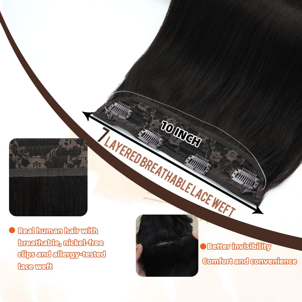 Invisible Wire Hair Extensions Real Human Hair - 16 Inch 80G Jet Black Transparent Fish Line Clip-Ins Hair Piece, 100% Remy Human Hair Extensions for Women