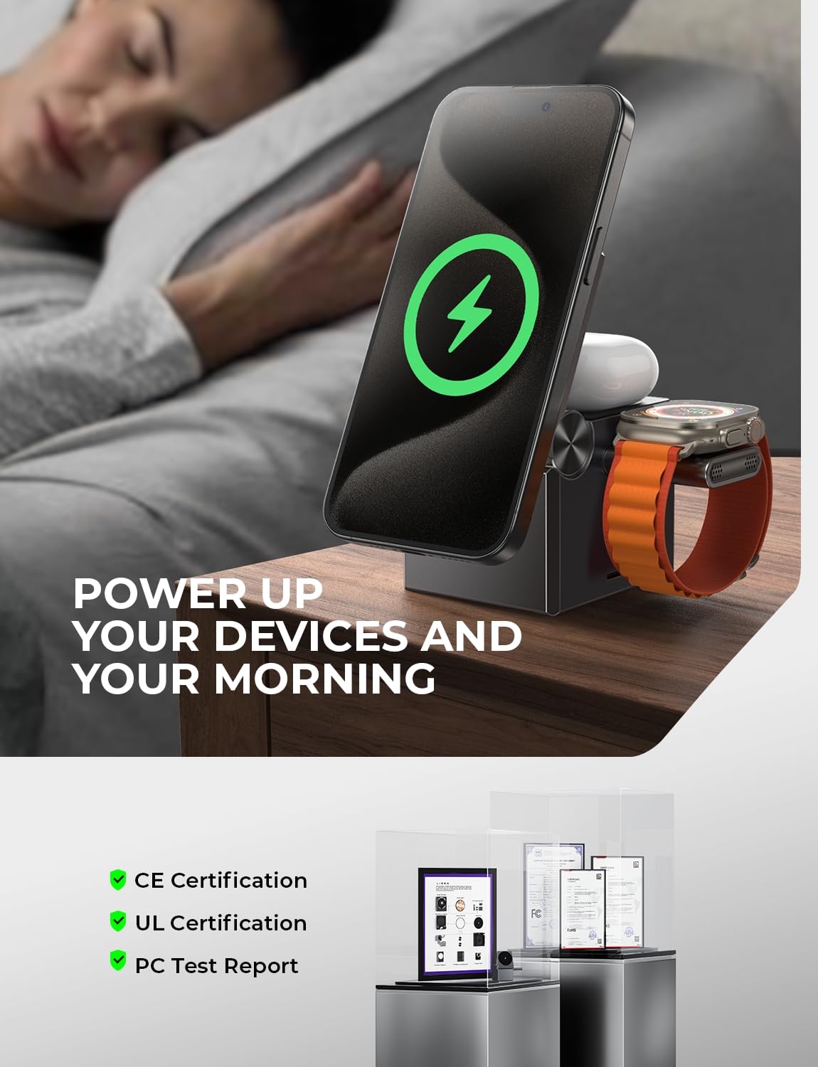 LISEN 3 in 1 Charging Station Apple, for iPhone Wireless Charging Station for Apple Magsafe Charger Stand Cube, Travel Magsafe Charging Station for iPhone 16 15 and Watch, Gifts for Men Women, Black