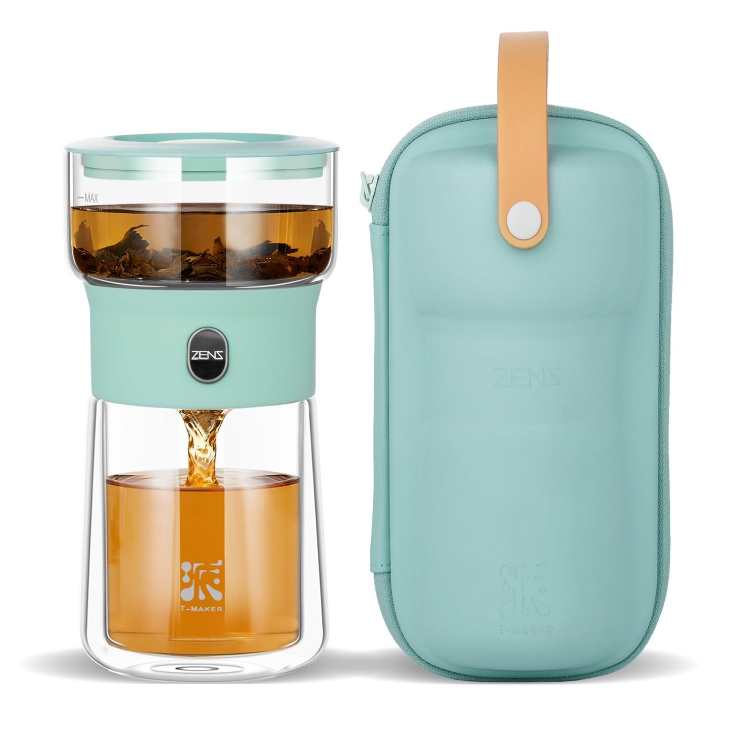 ZENS Modern Glass infuser Teapot, Small One Touch Tea Maker for Loose Tea Diffusers with 200ml Insulated Cup and Blue Portable Carry Case, Magic Gongfu Tea Pot for Tea Lovers Gifts