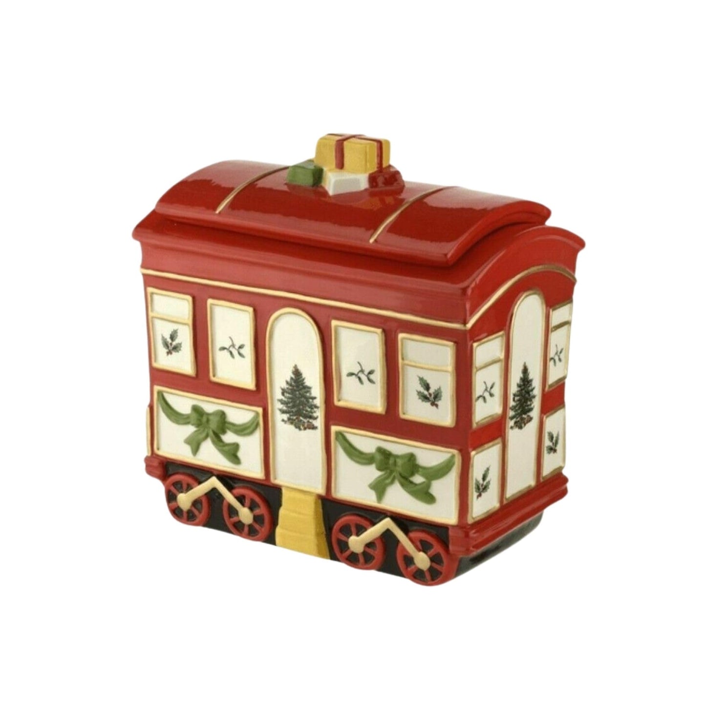 Spode Christmas Tree Cookie Jar with Lid, 8.5" Ceramic Holiday Train Car Dish for Cookies, Candy, Nuts - Festive Christmas Home Decor & Holiday Treats Jar - Great for Collectors