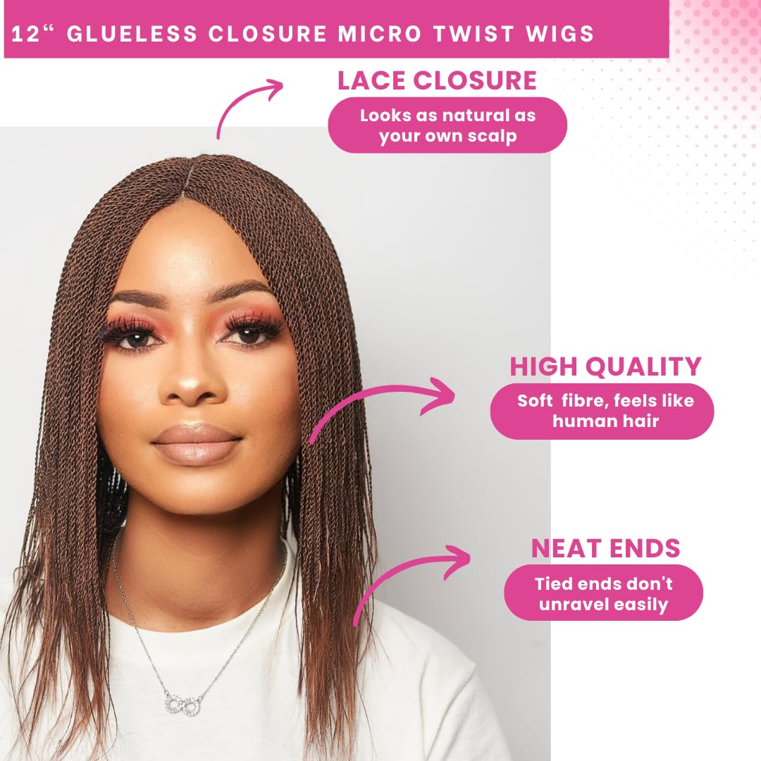WOW BRAIDS Twisted Wigs, Micro Million Twist Wig - Color 30/33 Mix - 12 Inches. Synthetic Hand Braided Wigs for Black Women.