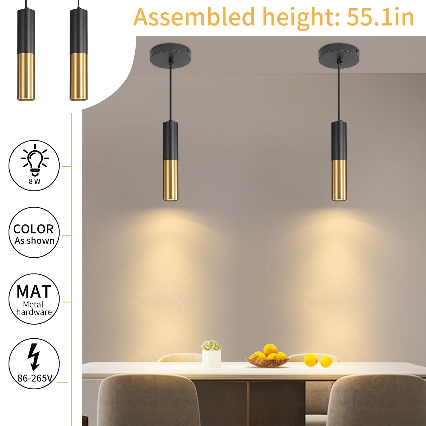 Daoseolo 3 Pack Modern Black and Gold LED Pendant Lights, Minimalist Linear Hanging Light, 3 Color 2700K/4500K/6500K, Ceiling Mount Pendant Lamp for Kitchen Island, Dining Room, Bedroom, Bar, Cafe