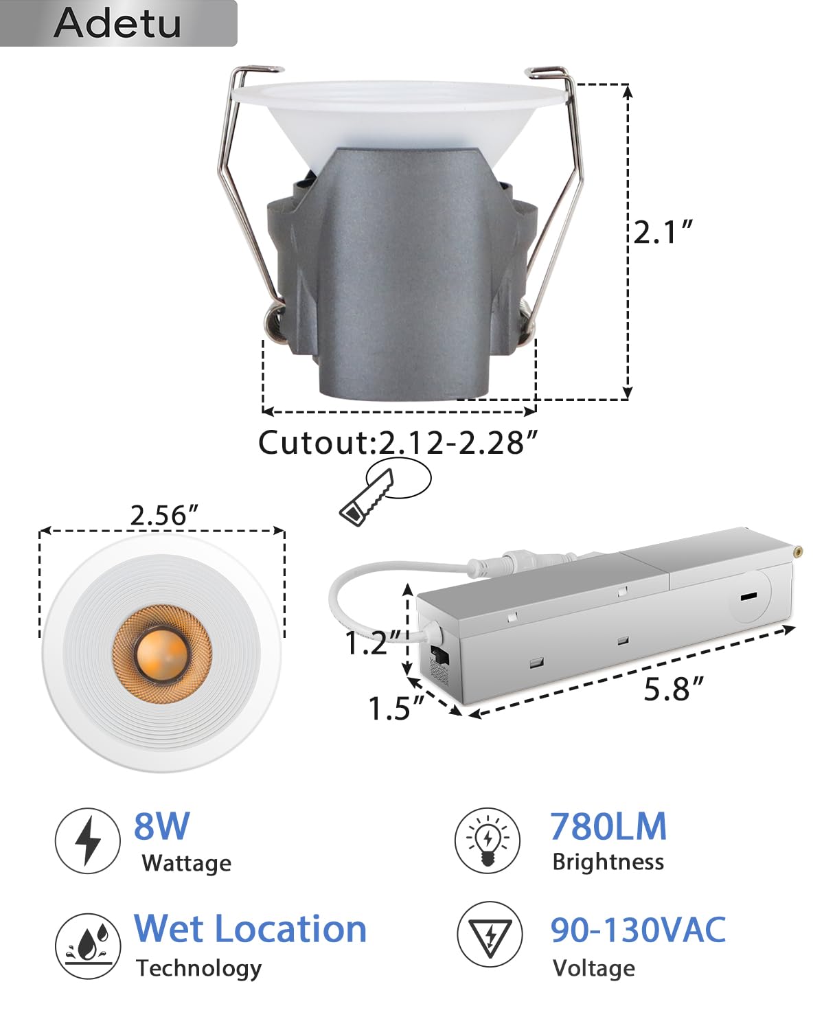 Adetu 2 Inch 5CCT White LED Recessed Ceiling Light with Junction Box, 2700K/3000K/4000K/50000K Selectable, CRI90, 8W COB, 780LM, Dimmable Canless Waferproof Downlight-ETL&FCC (White, 6 Packs)