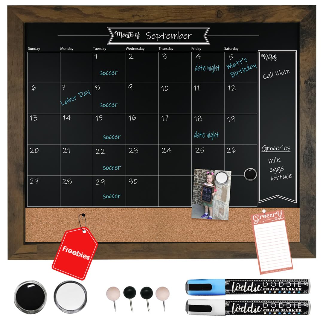Loddie Doddie Framed Chalkboard Calendar & Bulletin Board - 18 x 24 in, Rustic - Easy-Clean Calendar Chalkboard - Menu Board for Kitchen - Magnet Display