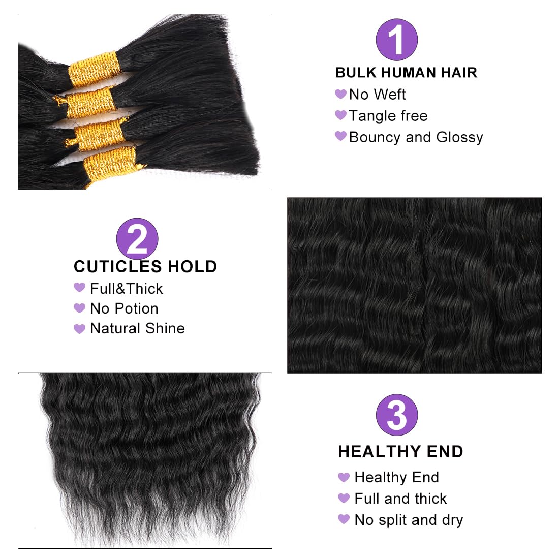 ZVBULK Super Wave Bulk Human Hair Wet and Wavy Braiding Hair - French Braiding Hair, No Weft, 100% Virgin, Boho Braids (Natural Black, 18 Inch) - 100g (1Pack-4PCS)