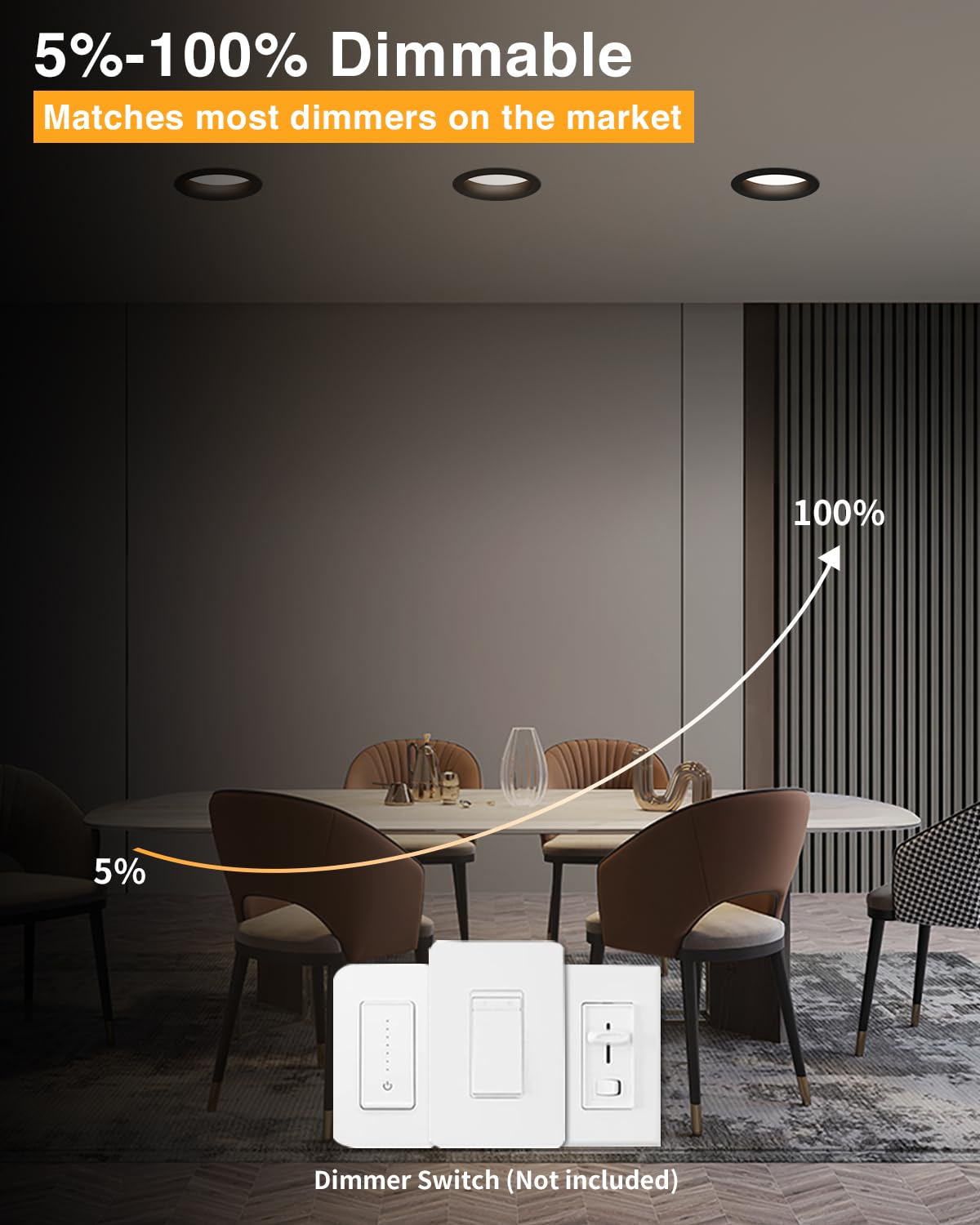 Adetu 4 Inch Anti-Glare LED Downlight,Dimmable Ceiling Light with 5CCT Reset,Selectable from 2700K to 5000K - 12W 1080LM, ETL Certified (Black, 6 Pack Round)