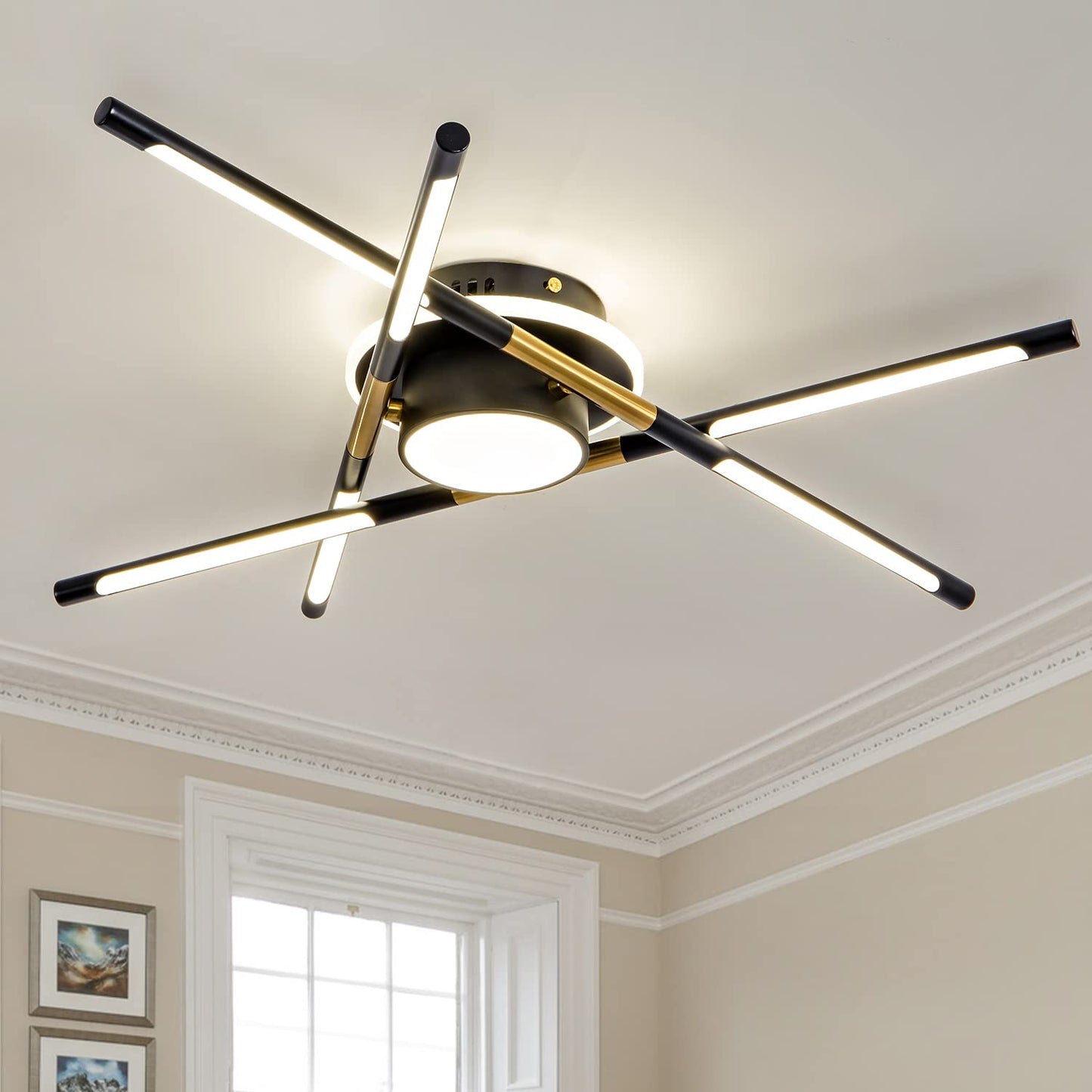 LED Ceiling Light Fixture Modern Black and Gold Industrial Sputnik Ceiling Light Decorative Lighting Dining Room Living Room Bedroom Light 23.6 inch 4000K