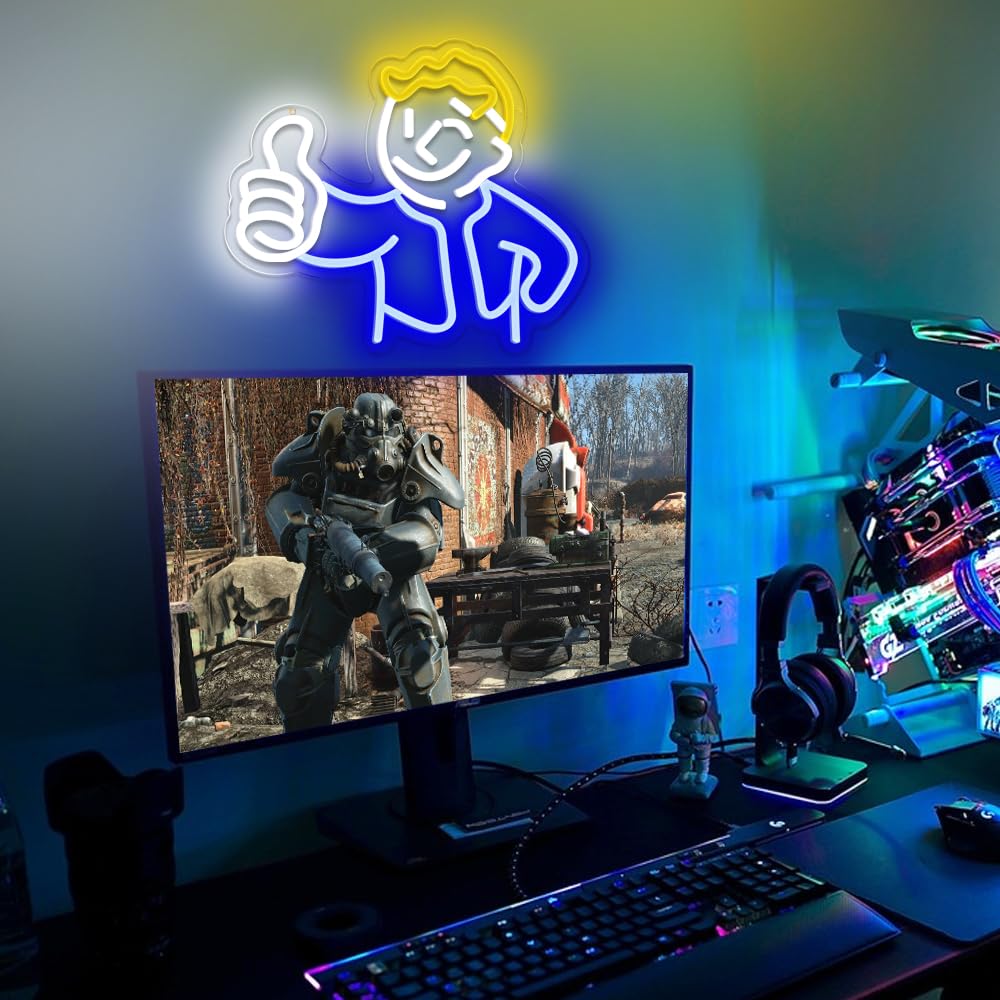 PILOYINDE Gaming Neon Sign Vault Boy Neon Signs for Wall Decor Game Neon Light Gamer Mave Cave Bedroom Vault Boy Neon Light LED Signs for Wall Light Up Game Neon Signs for Gamer